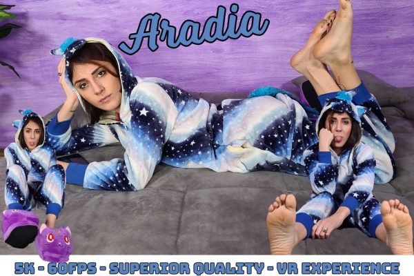 VRFootFetish - Stunning Aradia in a one-piece hooded pajama and purple slippers